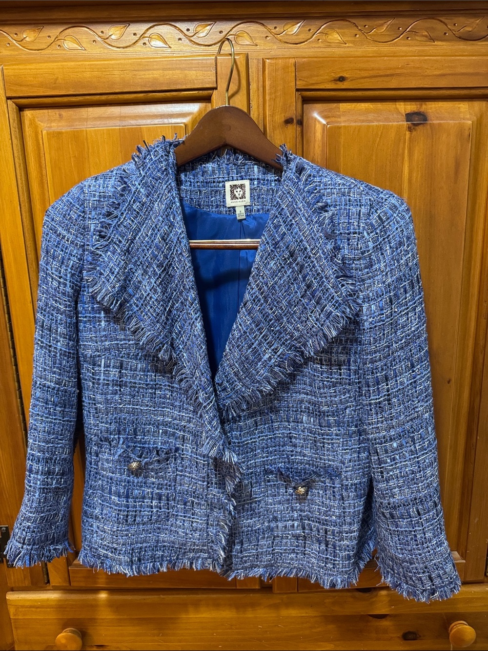 Anne Klein Blue Tweed Fringe Blazer